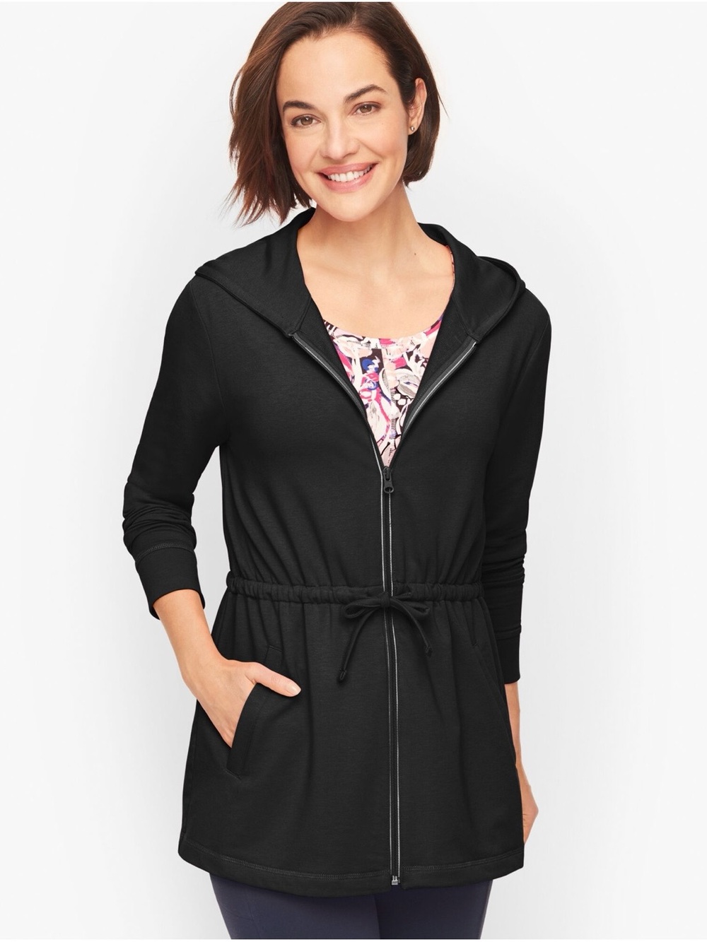 Talbots Black Hooded Zip-Front Sweatshirt with Drawstring (Size LP)